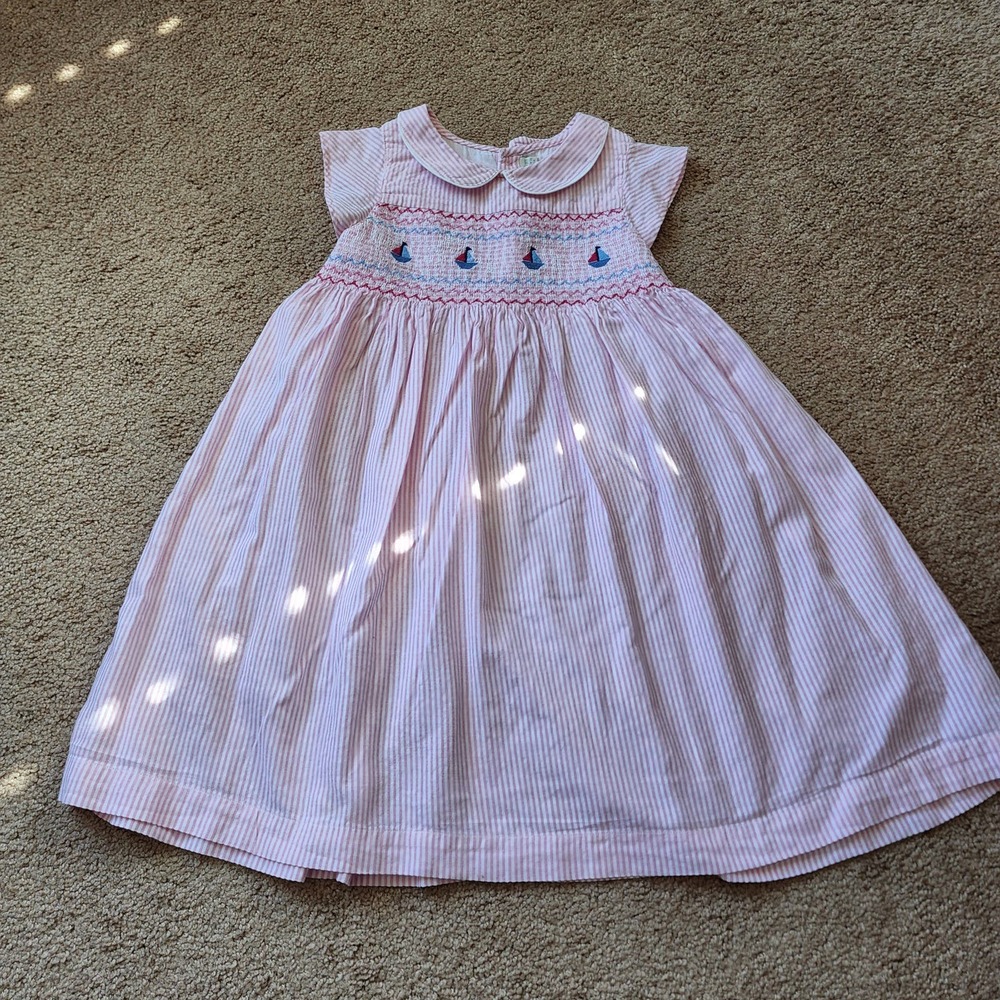 Pink Seersucker Dress with Sailboat Smocking